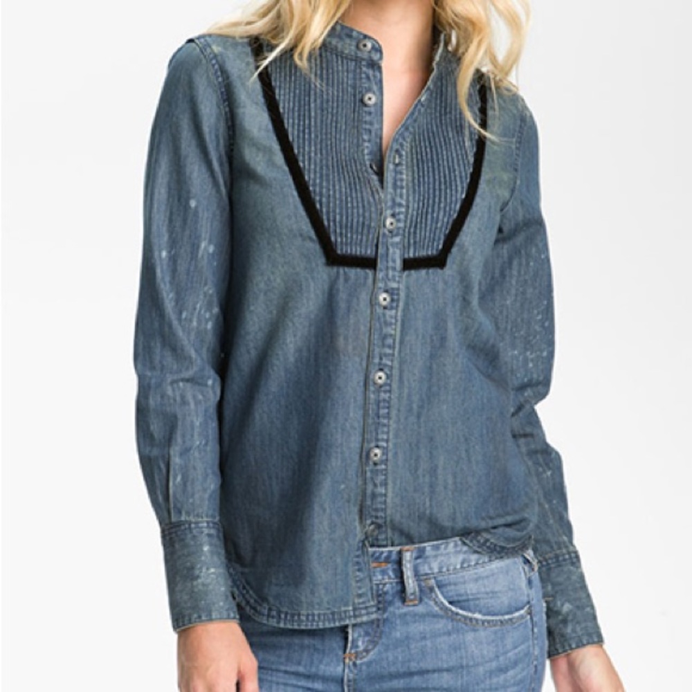 Free People Blue Velvet Chambray Pintuck Bib Button-Down Shirt Size Small